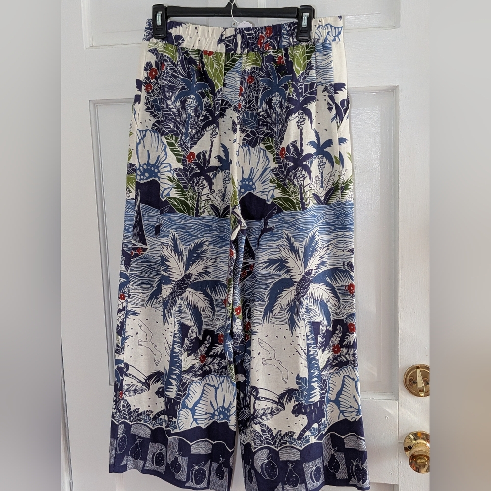 Joie Tropical Print Wide Leg Pants Linen Blend Blue Palm Print Size 6 - Picture 4 of 5